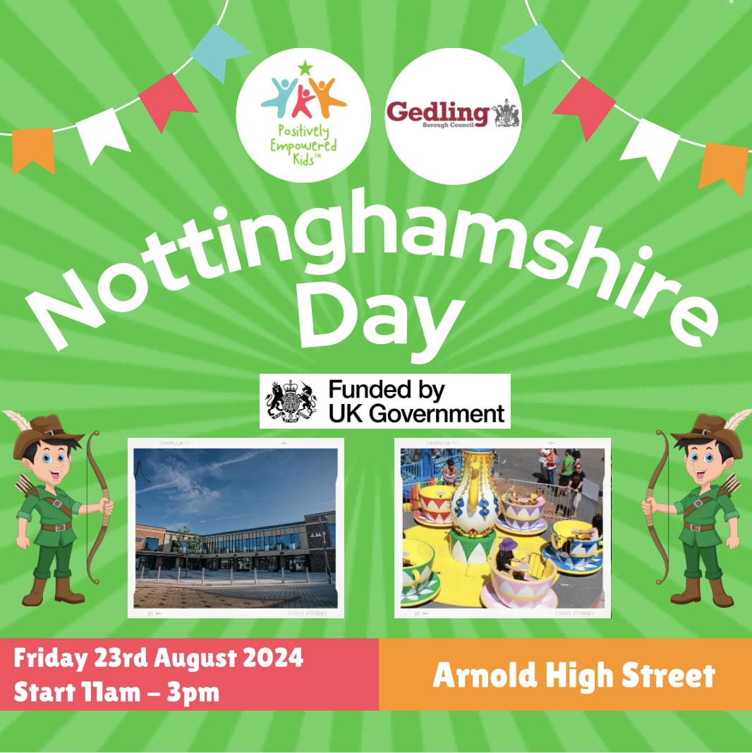 Design with bunting, Robin Hood figures and a photo of The AMP building. Text reads Nottinghamshire Day.